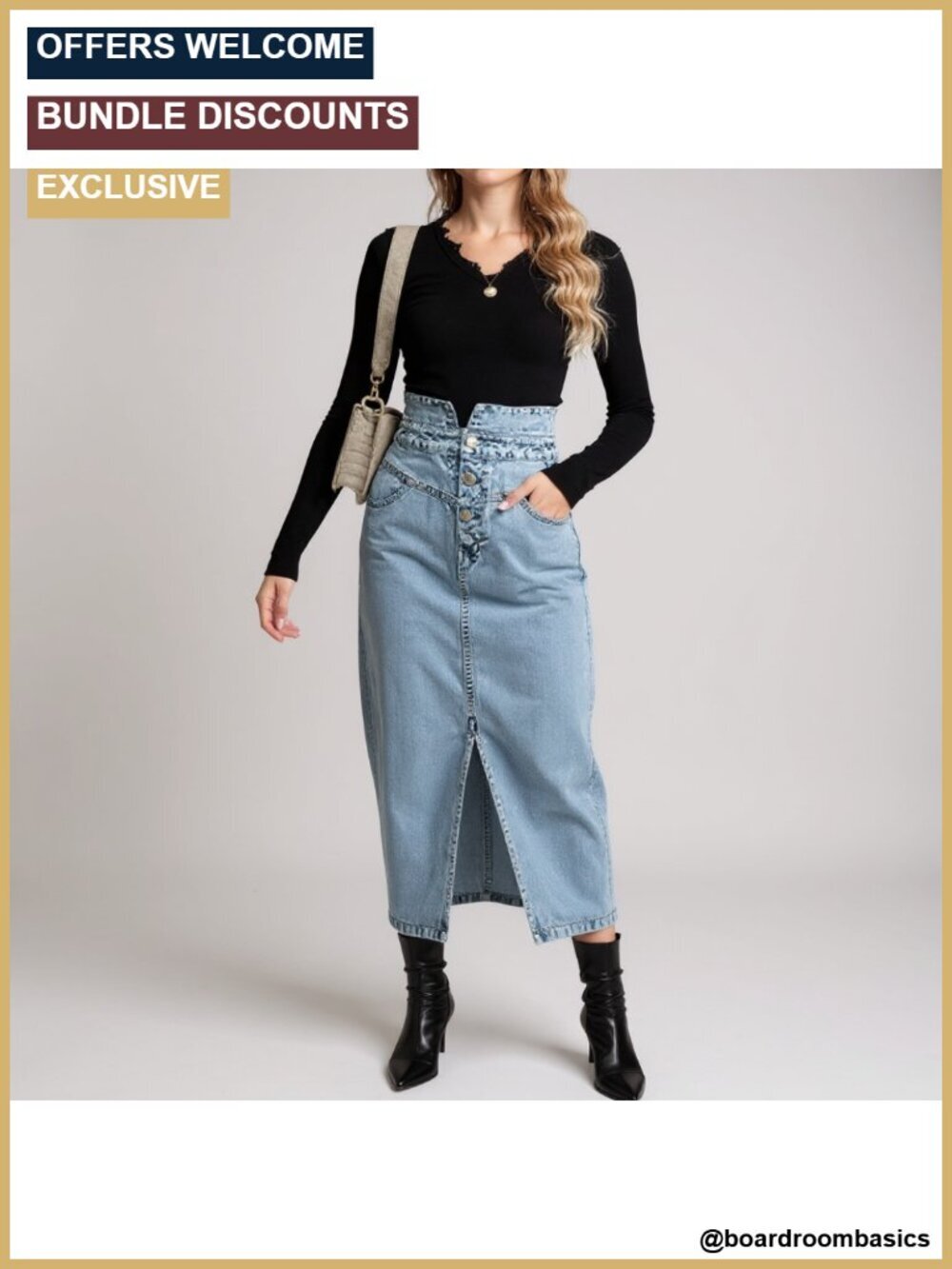 High Waisted Midi Denim Skirt with Slit - Slim Fit Pencil Skirt